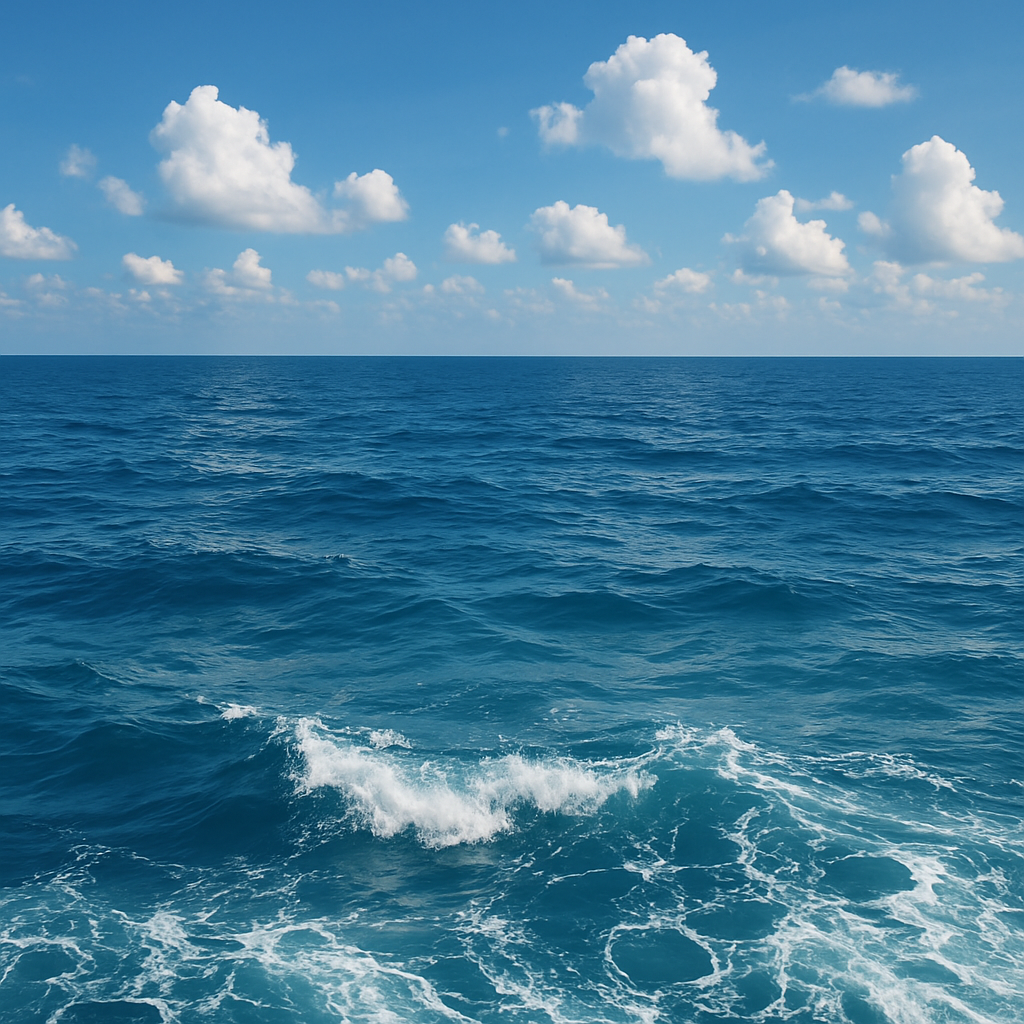 Scene of the ocean with a slight wave curl and a blue sky and light clouds