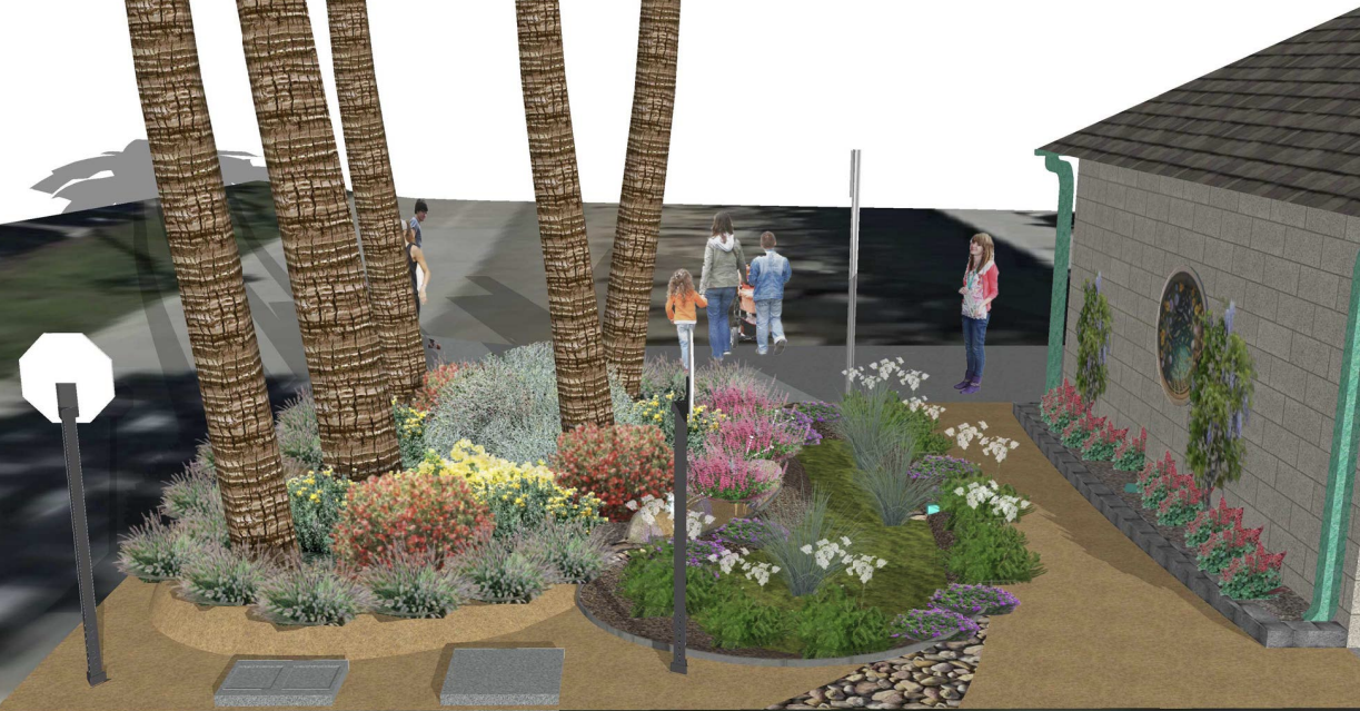 rendering of a garden in bloom with people walking by